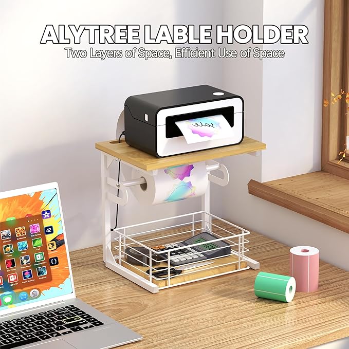 Label Holder for Rolls and Fan-Fold Labels, Wooden Thermal Sticker Roll Holder for Desktop Thermal Label Printer, Solid Shipping Label Holder & Desktop Label Printer Accessory Supplies, White