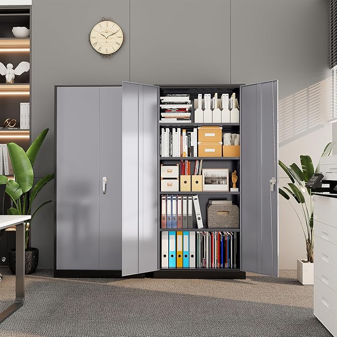 Superday Metal Storage Cabinet with Lock, 72" H Garage Storage Cabinet with Doors and 4 Adjustable Shelves,Black Grey Steel Locking Cabinets for Office, Home, Garage, Gym, School