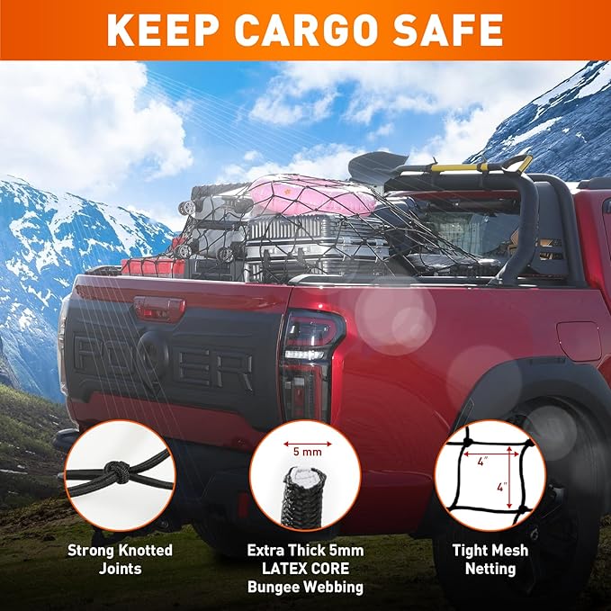 Heavy Duty Cargo Net for Pickup Truck Bed - 4' x 6' Stretches to 12' x 18' - Sturdy Latex Bungee Net Mesh - with 12 Metal Carabiners - Truck Bed Accessories for Dodge RAM, Ford, Chevy, Toyota