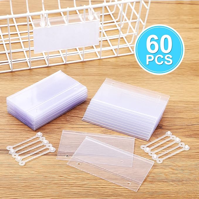60 Pieces Wire Shelf Label Holder Plastic Basket Label Holders Clips Rack Display Price Tag Ticket Sign with Easy Button Design Lock Closure for Home Basket Market Freezer Inventory Area Closet