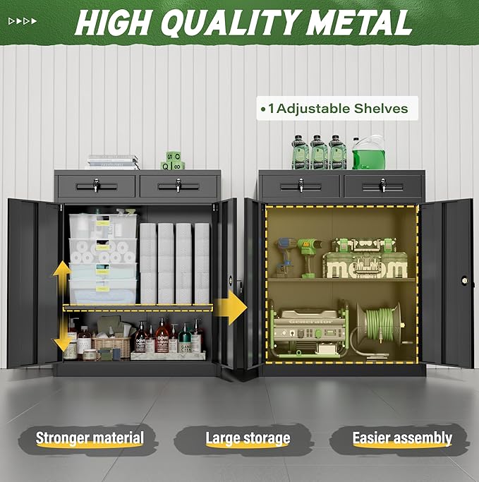 Greenvelly Metal Storage Cabinet with 2 Drawers,36" Black Lockable Metal Cabinets with Doors and Shelves, Steel File Cabinet with Lock for Home Office, Garage, School, Apartment,Warehouse