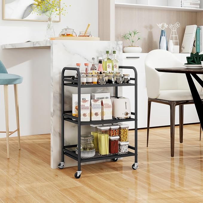 HDANI 3 Tier Rolling Cart,Heavy Duty Multifunctional Metal Frame-Supports 22 Lbs Per Tier,Mesh Rolling Cart with 2 Lockable Wheels for Office,Home,Bedroom,Kitchen,Bathroom,Black