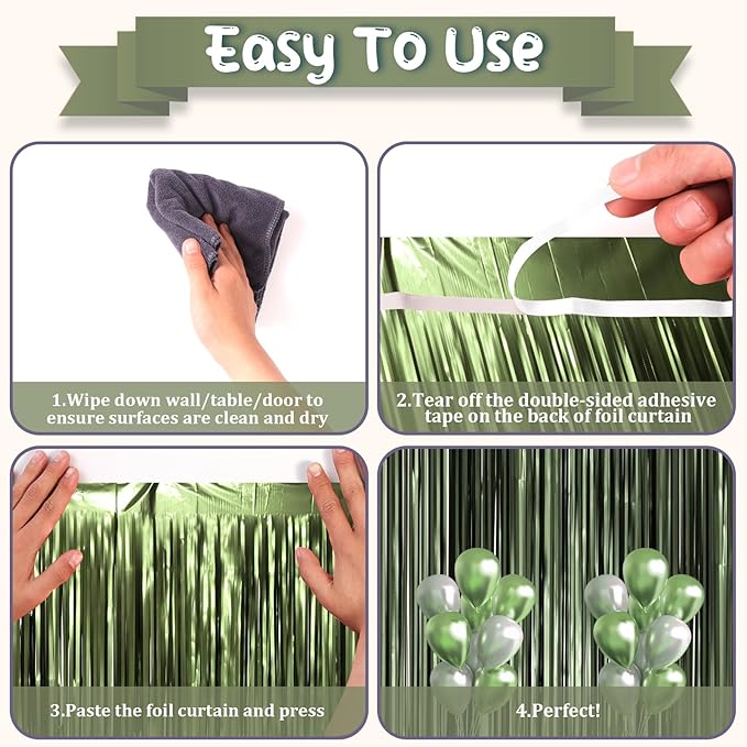 3 Pack 3.3 x 8.2 ft Matte Green Foil Fringe Backdrop Curtains, Tinsel Streamers Party Decorations, Fringe Backdrop, Door Shimmer for Graduation, Birthday Party
