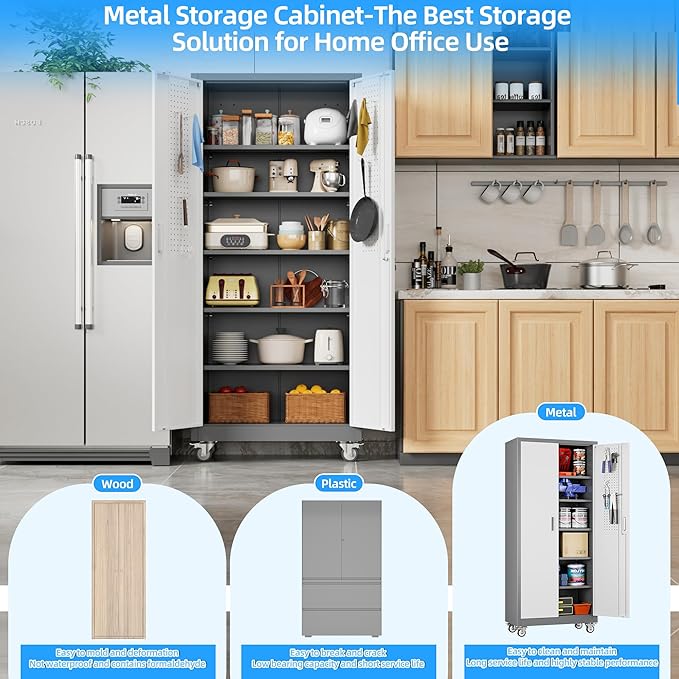 Metal Garage Storage Cabinet with Wheels, 71" H×32" W×16" D Metal Storage Cabinet with 5 Adjustable Shelves,Pegboard and Lockable Doors for Garage Home Office Utility Room,Required Assembly