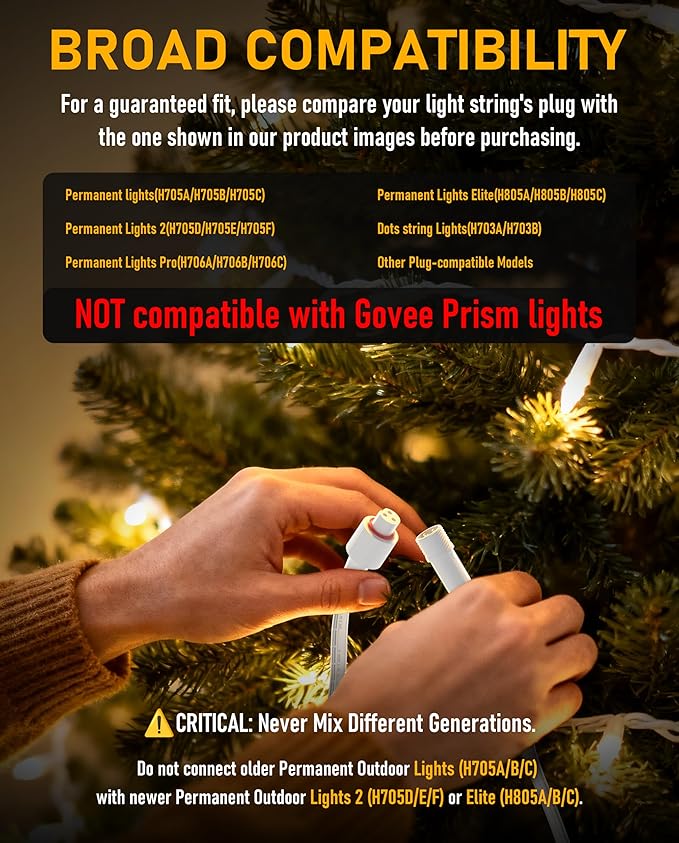 33FT Extension Cable for Govee Permanent Outdoor Lights (H705A-H706C), IP68 Waterproof 3-Pin Extension Cord, 22AWG Pure Copper Wire, Expand Holiday Lighting for Christmas, New Year, Roof