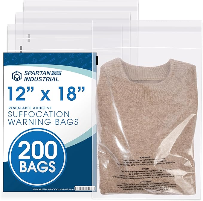 Spartan Industrial - 12” X 18” (200 Count) Self Seal Clear Poly Bags with Suffocation Warning for Packaging, T Shirts & Shipping - Resealable Glue