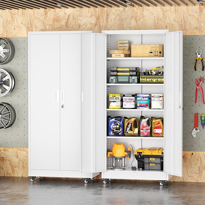 Superday Garage Storage Cabinet with Wheels，73" H Metal Storage Cabinet with Doors and Adjustable Shelves, Lockable Steel Utility Tool Cabinets for Garage, Home Office, Kitchen(White)