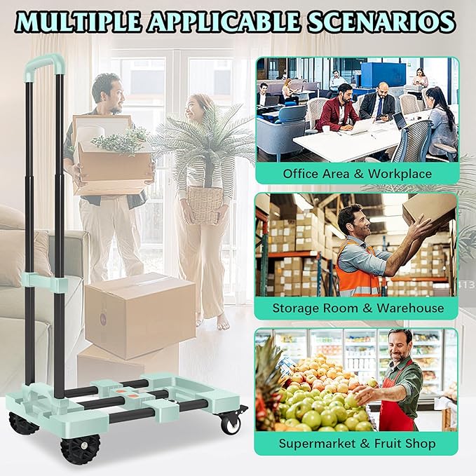 Heavy-Duty 500LB Capacity Hand Truck with One-Touch Retractable Handle & Extendable Plate, Portable Collapsible Dolly Cart with 4 Wheels w/Brakes Folding Luggage Cart for Travel/Home Use, Green