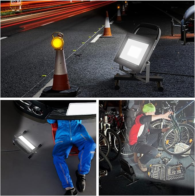 GLORIOUS-LITE 50W LED Work Light, 5000LM LED Flood Lights, 400W Equivalent, IP66 Waterproof, 16ft 5m Cord with Plug, 6500K, Adjustable Working Lights for Workshop Garage, Construction Site