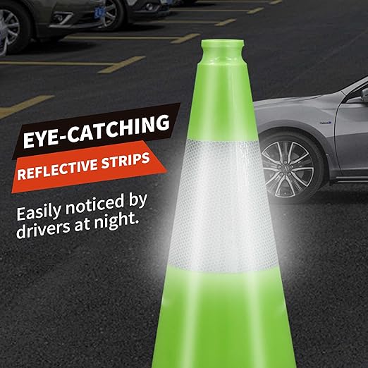 18" Traffic Safety Cones Road Cones, Construction Cone with Rubber Base & Reflective Collars, Restorable Parking Cones, Heavy Duty Road Cones for Traffic Control & Road Safty(8 Pack-Green）