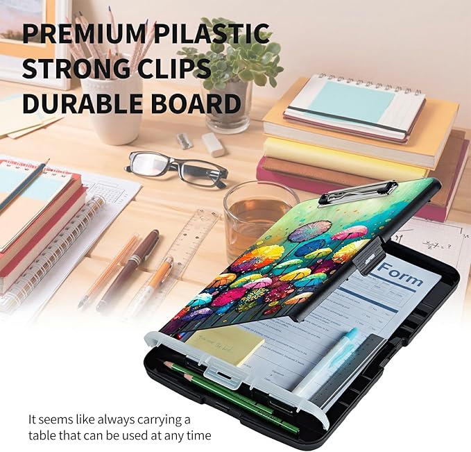 Clipboard with Storage High Capacity Plastic Nursing Clipboards with Pen Holder File Folder Storage Box Clipboard with Heavy Duty Clips for Teacher,Doctor,Offices-Colored Mushroom