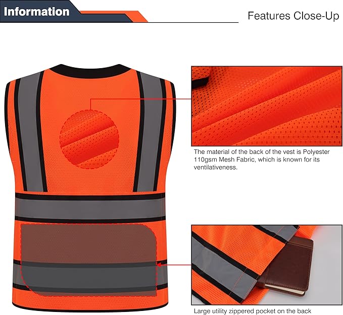 Class 2 High Visibility Reflective Safety Vests Women & Men With 15 Pockets And Zipper Front,Meets Ansi/Isea Standards