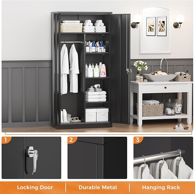 INTERGREAT Metal Wardrobe Closet, 72" Black Locking Storage Wardrobe Cabinet with Locking Doors and Adjustable Shelves, 18" D x 36" W Tall Steel Clothes Storage for Office, Home, School, Gym