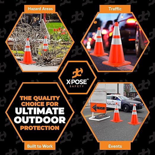 Xpose Safety 28 Inch Orange Traffic Cones Heavy Duty 10lb with 6" & 4" Collars, 1-Pack - Multipurpose PVC Plastic Safety Cone for Parking, Soccer, Caution, Kids and Construction - DOT Approved