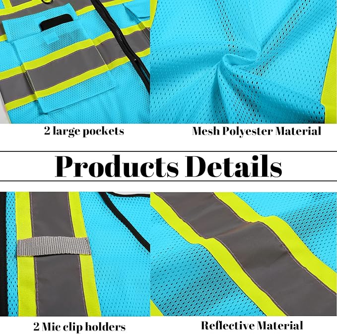 Safety Vest Reflective High Visibility with 5 Pockets ＆Zipper Class 2 Adult Unisex Construction Security Workwear
