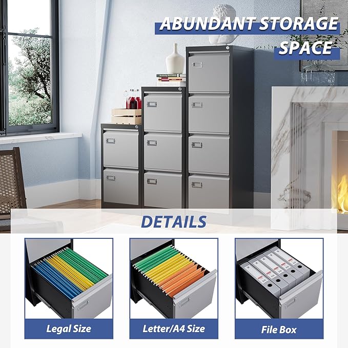 2 Drawer File Cabinet, Filing Cabinets for Home Office, Metal Vertical File Storage Cabinet with Lock, Locking File Cabinet for A4 Legal/Letter, 15.1" W x 17.7" D x 28.7" H, Assembly Required