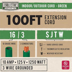 100 Foot Outdoor Extension Cord - 16/3 SJTW Green 16 Gauge Electrical Cable with 3 Prong Grounded Plug