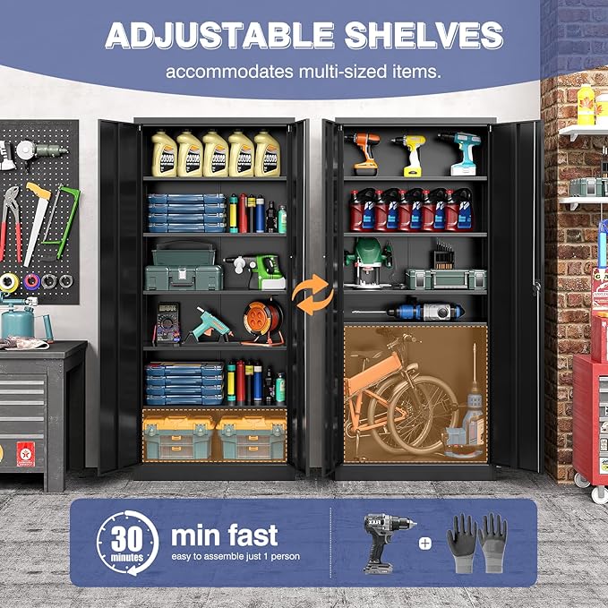 Metal Garage Storage Cabinet with Locking Doors,Steel Tool Cabinets with Adjustable Shelves for Home,Office,Garage,Warehouse Organisieren(Black)