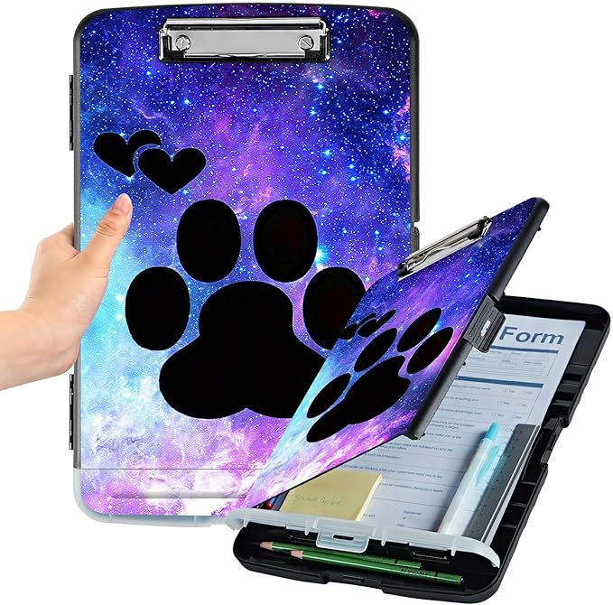 File Clipboard Storage with Pen Holder High Capacity Plastic Nursing Clipboards File Folder Storage Box Clipboard with Heavy Duty Clips for Teacher,Doctor,Offices-Dog Paw Print