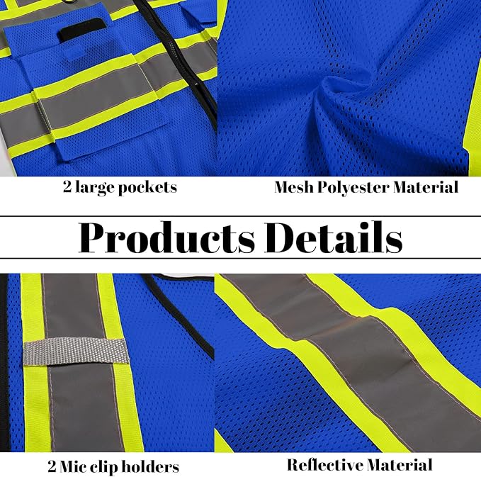 Safety Vest Reflective High Visibility with 5 Pockets ＆Zipper Class 2 Adult Unisex Construction Security Workwear