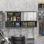 GREATMEET 31" H Garage Storage Cabinets, Lockable Storage Cabinet, Metal Wall Cabinet with Doors for Garage, Black&Grey