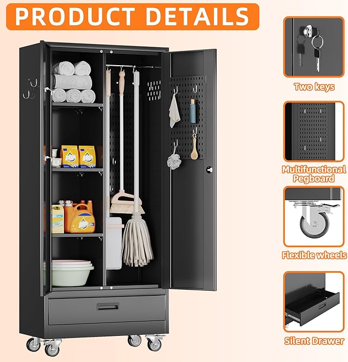Aobabo Metal Broom Closet Storage Cabinets on Wheels,Steel Mop and Broom Cabinet with Adjustable Shelves and Drawer,Assembly Required,Black