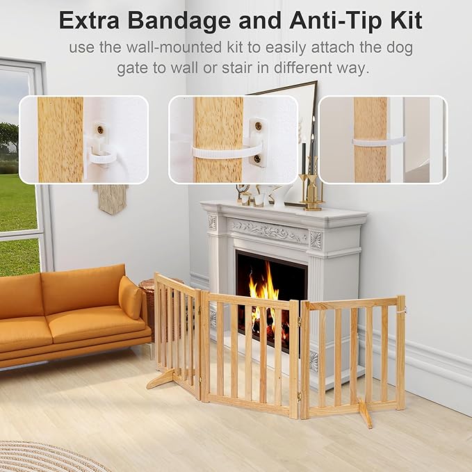 Freestanding Pet Gate, Solid Wood Folding Safety Fence Wooden Dog Gate with 2PCS Support Feet Ideal for Stairs, Doorways, Halls, Kitchens, Indoors Gates, 3 Panels 25", Natural Oak