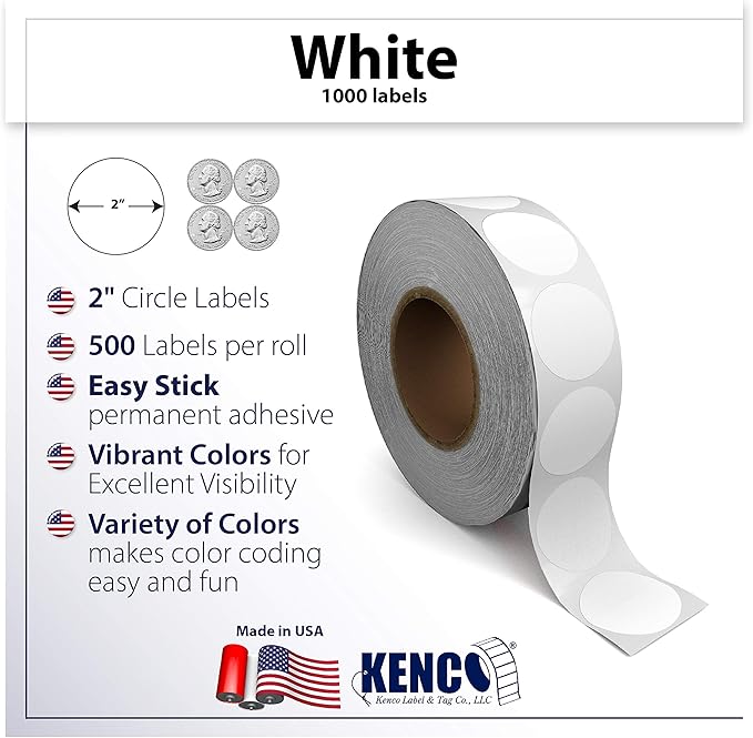 Kenco Color Coding Circle Dot Sticker Labels on a roll (White, 2 INCH 500 Stickers)