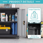 GREATMEET Metal Storage Cabinet with Locking Doors and Wheels,Garage Cabinet with Shelves for Home Office, Gym, School,Black+Grey