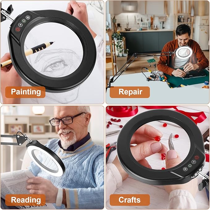 VEEMAGNI 10X 5 Inch Large Real Glass Magnifying Glass with Light and Stand, 5 Color Modes Stepless Dimmable, 2*16 Inch Swivel Arm LED Clamp Desk Lamp, Hands Free Lighted Magnifier for Close Work Craft
