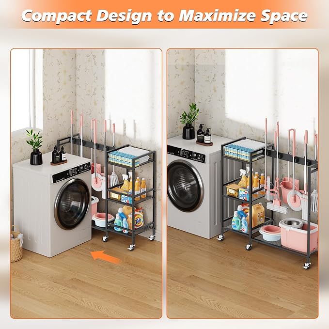 Broom and Mop Holder, MUNNAR Broom Storage Holder with Cleaning Supplies Organizer, 2-in-1 Broom Mop and Cleaning Supplies Storage Cleaning Cart, Cleaning Cart with Wheels for Housekeeping