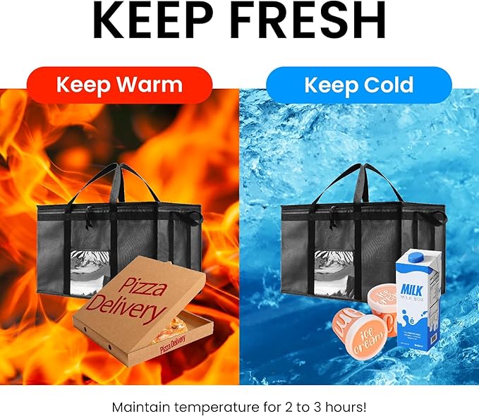 NZ home Insulated Cooler Bag and Food Warmer (3XL, 10-Pack) for Delivery & Grocery Shopping with Zippered Top, Black
