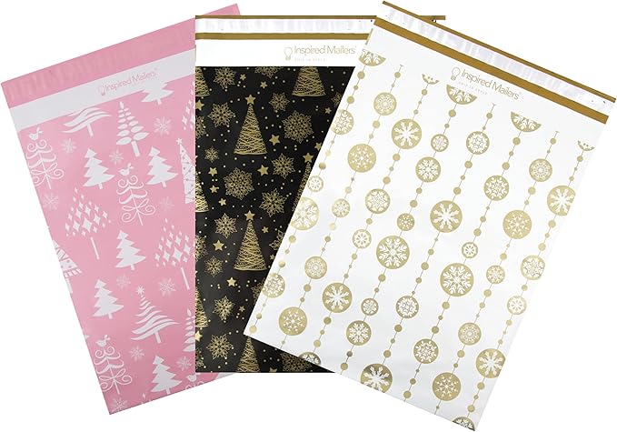 Inspired Mailers - Christmas Poly Mailers 14.5x19 Holiday Variety Pack of 30-10 each: Trees & Snowflakes, Rose Gold Trees, Gold Snowflake Baubles (14.5x19, 30 Pack)
