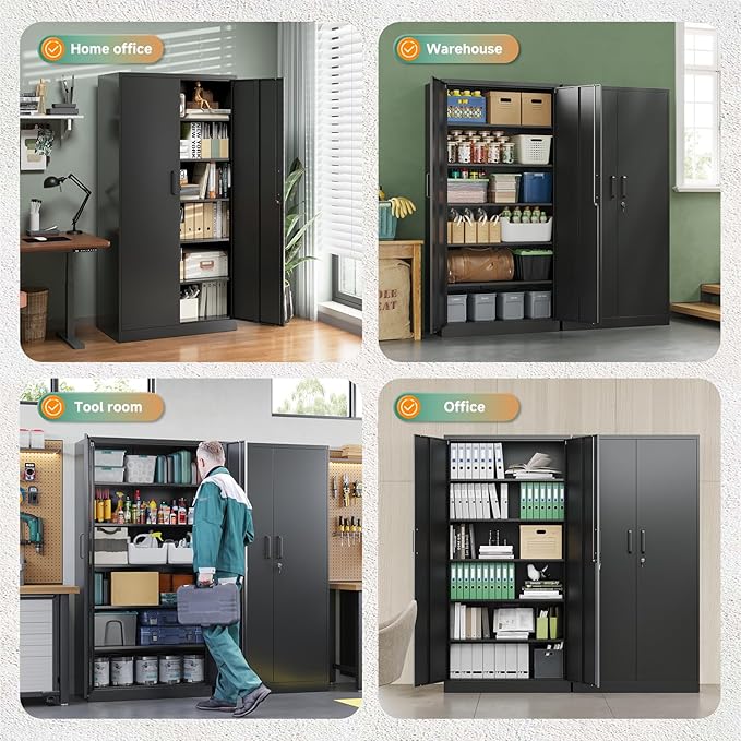 Letaya Metal Storage Cabinets with Lock Doors,Tall Locker Organizer Steel Garage Cabinets, 5 Adjustable Layers Shelves for Home, Office, Warehouse,Tool,Industrial(Black)