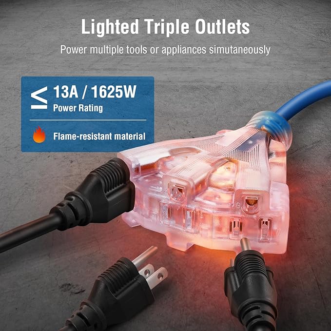 SURAIELEC 50FT Retractable Extension Cord Reel, 14AWG/3C SJTOW Heavy Duty Power Cord with Lighted Triple Tap, 13A Circuit Breaker, Ceiling/Wall Mount for Garage, Shop, Workshop, ETL Listed, Blue
