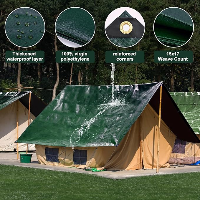 Tarp 8x10 Feet 16 Mil Heavy Duty Waterproof Tarp, Large Multipurpose Cover with Brass Grommets and Reinforced Edges, UV Resistant Thick Poly Tarps for Outdoor Camping Tent Pool Car, Green