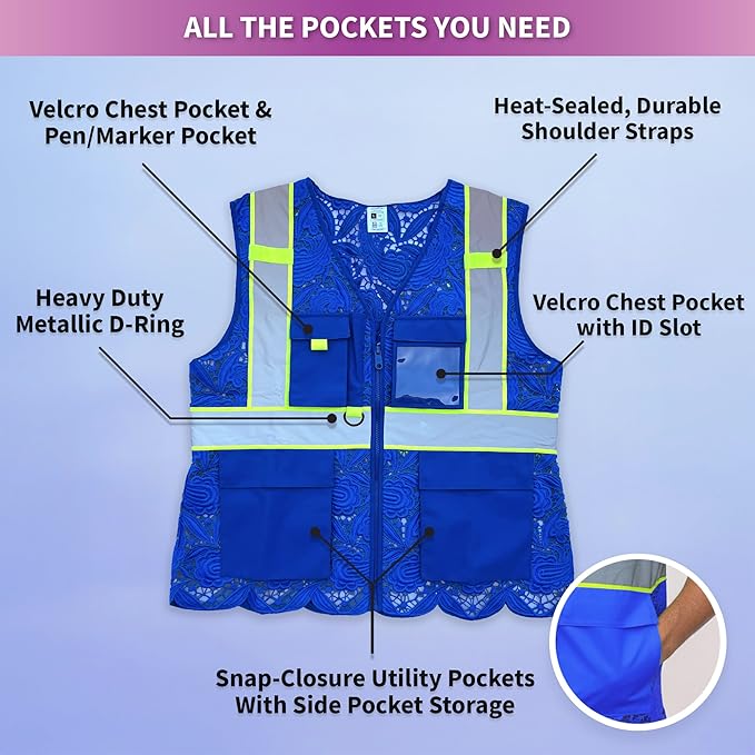 Lace-Mesh Safety Vest for Women & Men - Breathable, High Visibility Vest with Zipper & ANSI Class 2 Reflective Strips