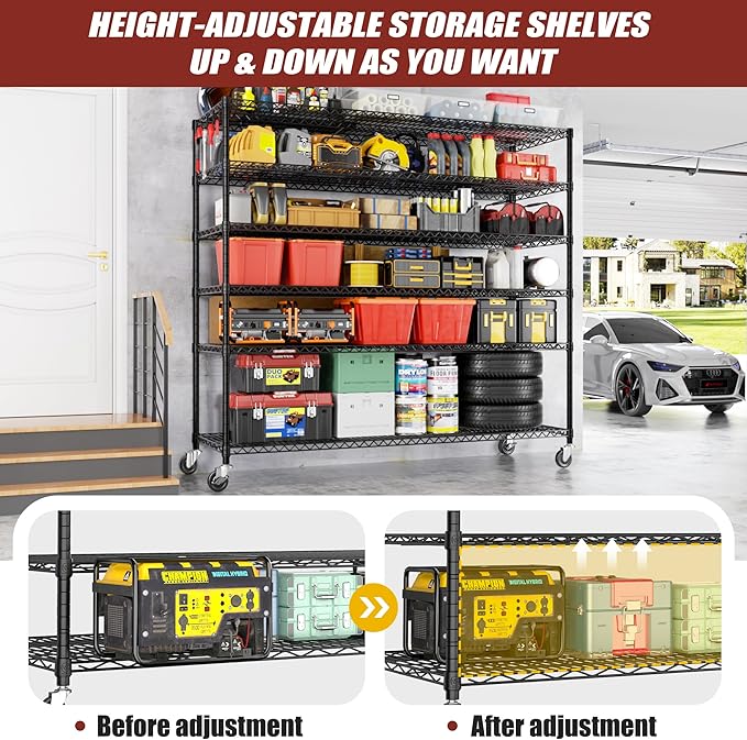 PrimeZone 6 Tier 80.7"H x 55.5"W x 24"D Wire Shelving with Wheels 3600lbs NSF Certified Storage Shelves Heavy Duty Metal Shelf Adjustable Rolling Rack Commercial Garage Restaurant Warehouse Kitchen