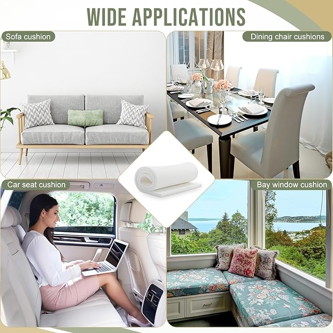 Frienda 2 Pcs Upholstery Foam 1" x 24" x 72" High Density Cushion White Polyurethane Craft Foam Padding for Seat Replacement DIY Projects Chairs Headboards Sofas Home