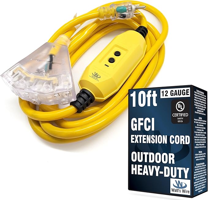 10 ft GFCI Extension Cord - Outdoor Extension Cord Waterproof - Heavy Duty Outdoor Extension Cords 10 ft with Multiple Outlets - Watts Wire - 10' Grounded - GFI Cord