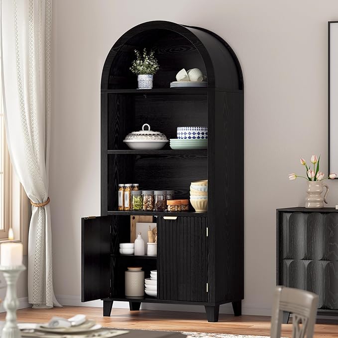 Arched Kitchen Pantry, 5-Tier Arched Cabinet with Fluted Doors, Display Cabinet with Open & Adjustable Shelves, Versatile Cupboard for Dining Room, Living Room, Black