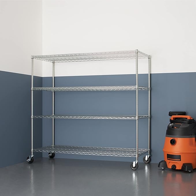 Trinity Basics 4-Tier Adjustable Wire Shelving with Wheels for Kitchen Organization, Garage Storage, Laundry Room, NSF Certified, 600 to 1800 Pound Capacity, 60” by 24” by 54”, EcoStorage Chrome
