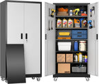 Garage Storage Cabinet with Wheels & Pegboard, Lockable Metal Storage Cabinet with Doors and 5 Adjustable Shelves for Garage Workshop Home, Assembly Required, Black and Silvery, 71" H×34" W×18" D