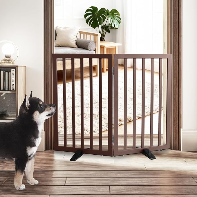 ZJSF Freestanding Indoor Dog Gate for House Foldable Wood Puppy Gate for Doorways Pet Gate for Stairs Extra Wide Pet Fence, Brown, 32" Height 2 Panels