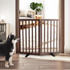 ZJSF Freestanding Indoor Dog Gate for House Foldable Wood Puppy Gate for Doorways Pet Gate for Stairs Extra Wide Pet Fence, Brown, 32" Height 2 Panels