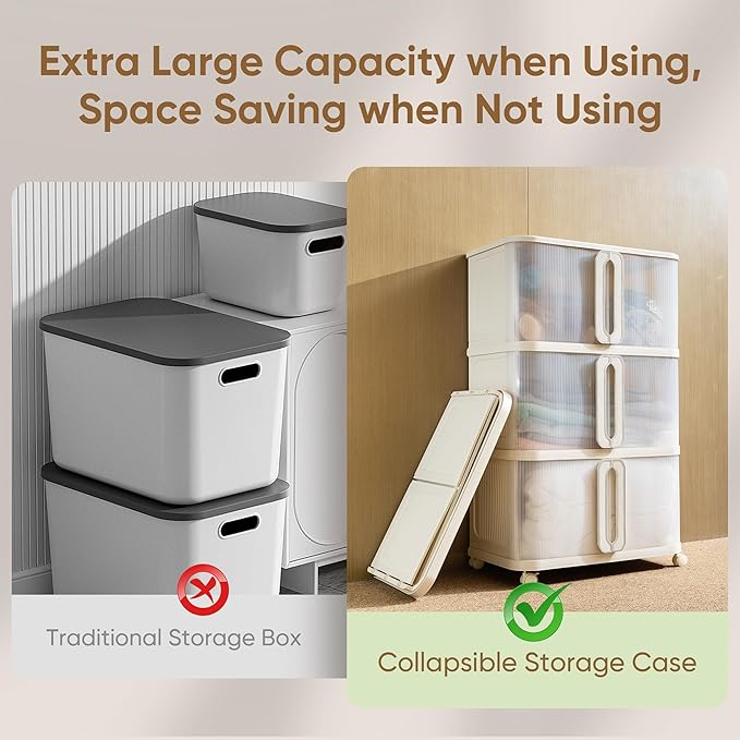 VUSIGN 360 QT Stackable Storage Bins with Lid, Folding Storage box with Wheels, Collapsible Plastic Storage Bins for Closets, Stackable Storage Organizer, Storage Containers, 4Pack, White