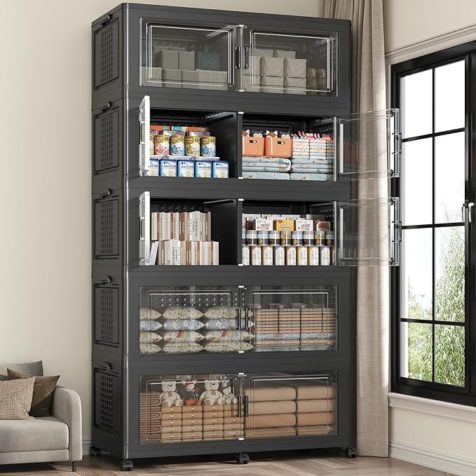 1000 QT Extra Large Stackable Storage Bins with Lid, 250 Gal Collapsible Storage Box with Wheels, Folding Closet Organizers and Storage Cabinet with Doors for Home Kitchen Office, 5Pack Black