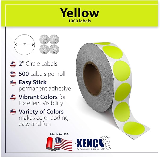 Kenco Color Coding Circle Dot Sticker Labels on a roll (Bright Yellow, 2 INCH 500 Stickers)