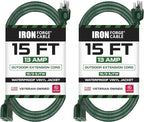 Pack of 2 Outdoor Extension Cords, 15 FT ea - 16/3 Durable Green 3 Prong Extension Cord Pack