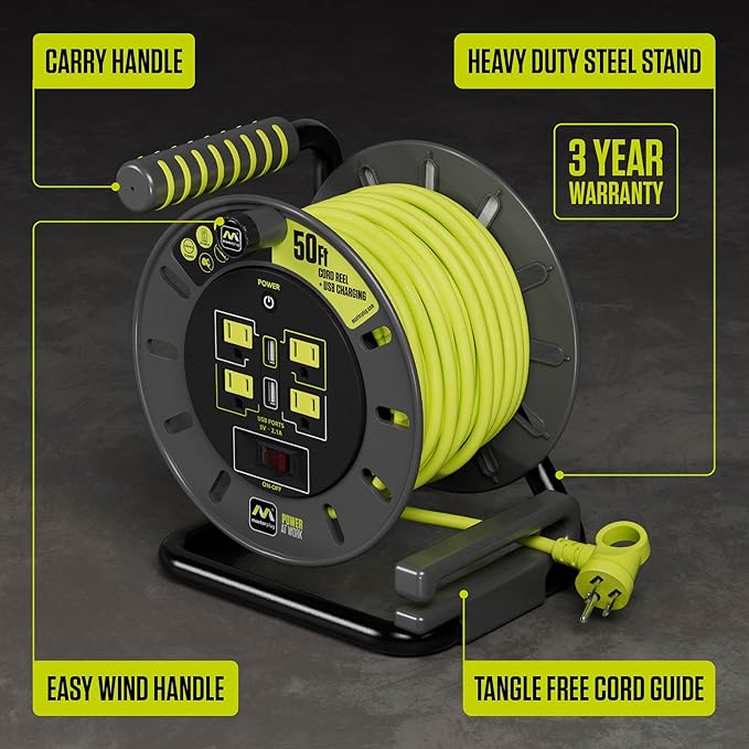 Masterplug 50ft Cord Reel, Retractable Extension Lead with Winding Handle, Safety Overload Circuit Breaker and Power Switch, 4X Grounded Outlets, 2X USB Ports, 13amps, 14AWG Cable